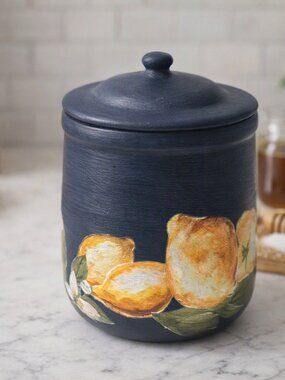 Upcycled Vintage-Inspired Lemon Ceramic Jar | Blue Citrus Kitchen Canister Decor